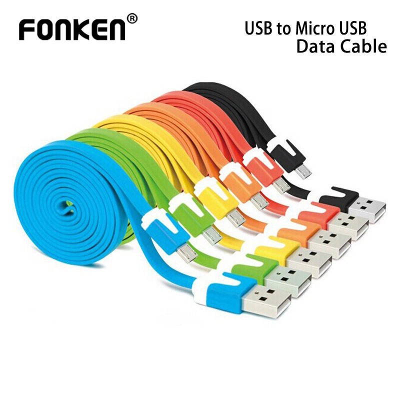 สายเคเบิลข้อมูล Fonken USB สีสันสดใส Micro USB Lead Flat Noodle Data Sync Fast Charger สายไฟชาร์จ US