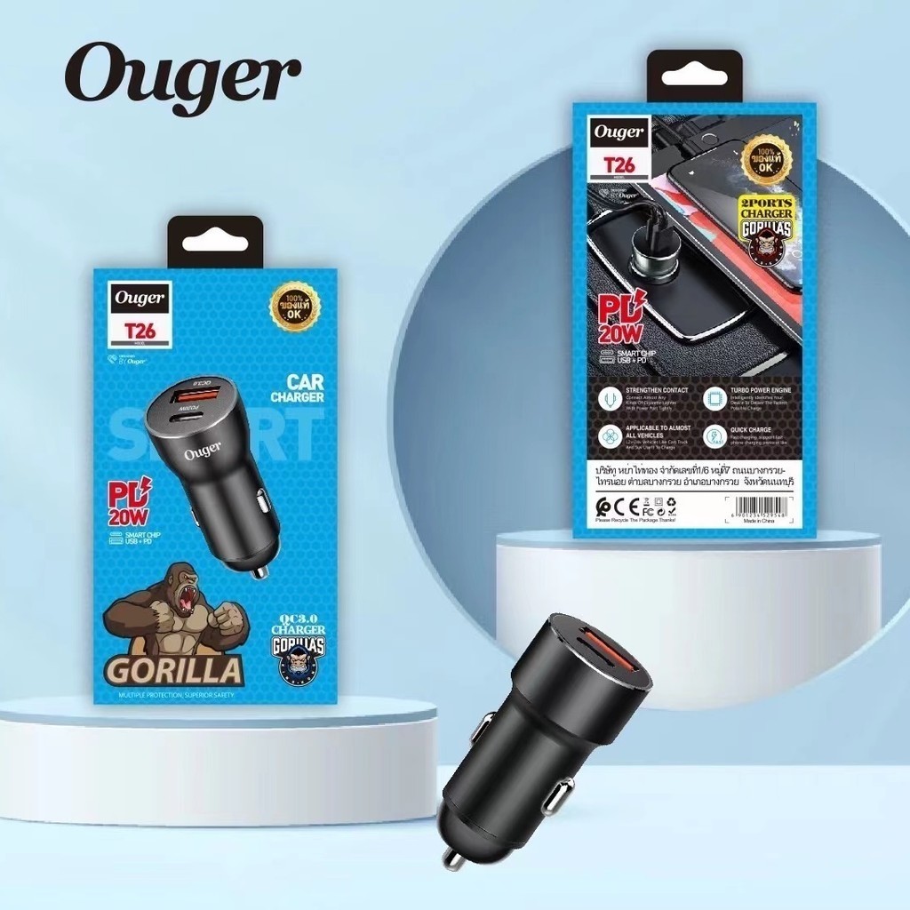 Ouger ที่ชาร์จในรถยนต์ หัวUSB/PD เสียบได้2หัว รองรับชาร์จเร็ว มาตรฐานPD20W QC3.0