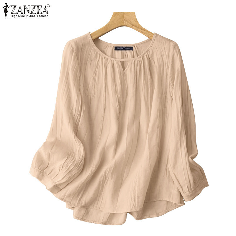 ZANZEA ใส่ ซานเซีย ผู้หญิงเกาหลีลําลองปุ่ม ข้อมือ แขนยาว โอ-คอแฟชั่นสีทึบเสื้อ