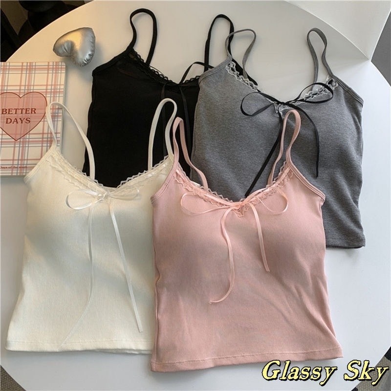 Glassy Sky พร้อมส่ง สายเดี่ยว ดีเทลโบว์ขอบลูกไม้ ฟรีไซส์มีฟองน้ำในตัว ยืดได้เยอะ เสื้อกั๊ก สไตล์เวียดนาม เกาหลี(FY635)