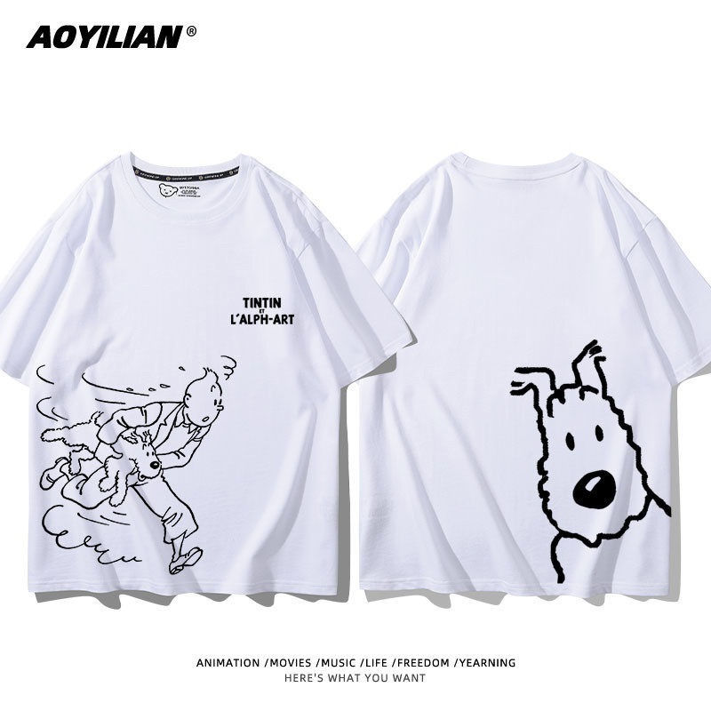 T-Shirtเสื้อยืด TinTin คอกลม ผ้าฝ้ายแท้ พิมพ์ลายการ์ตูน#1987 The Adventures of Tintin และ Capn Adventures of Tint S-5XL