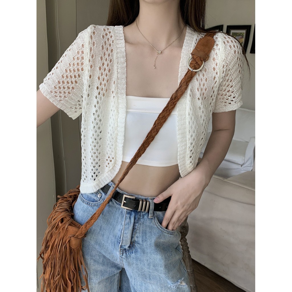 Gakki เสื้อคลุมแขนสั้น เสื้อแจ็คเก็ตสตรีคาร์ดิแกนกันแดดถักกลวงแขนสั้นผู้หญิง ฟรีไซส์ พร้อมส่ง 2124# - รูปที่ 4