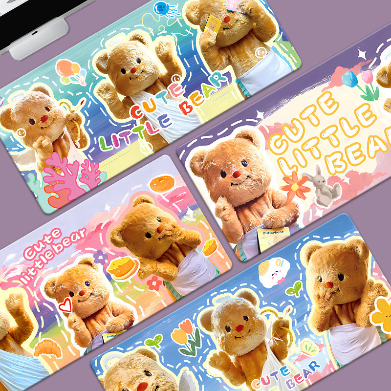 Butter Bear Mat เนยหมีเนยหมีแผ่นรองเมาส์ตุ๊กตาสมจริงขนาดใหญ่โต๊ะศึกษาโต๊ะแผ่นแป้นพิมพ์คอมพิวเตอร์หอพักสก์ท็อปแผ่นกันลื่น mouse pad