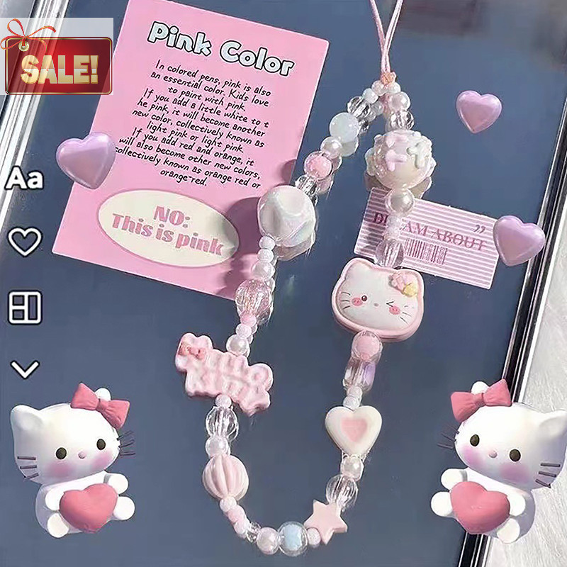 Bl การ์ตูน Sanrio พวงกุญแจ Y2K น่ารักสีชมพู Hello Kitty ลูกปัดโทรศัพท์ Chain Anti Lost Lanyards กล้องเชือกกระเป๋าตกแต่งจี้ของขวัญ A