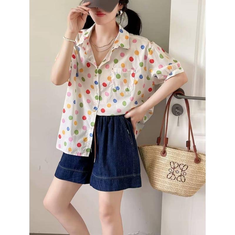 ยี่ห้อผู้หญิง Original Order// ญี่ปุ่นสี Dot พิมพ์ครึ่งแขนเสื้อผู้หญิง 2024 ฤดูร้อนหลวมผ้าฝ้ายบางด้านบน