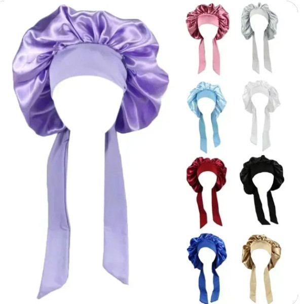 ผู้หญิงซาติน Solid Sleeping หมวก Night Sleep หมวกสําหรับผู้หญิงหมวกอาบน้ํากันน้ํา Sleeping Hair Bonnets ปรับหมวก