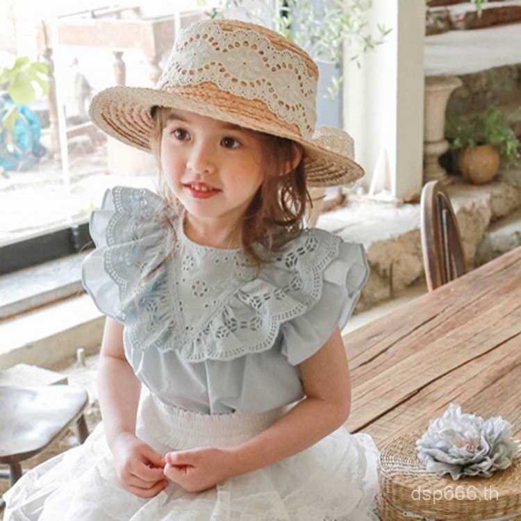 2024Summer Strawberry Shan South Korea Children's Clothing Girls' Children Girls' LaceVCollar CottonTT-shirt in Stock EVKL