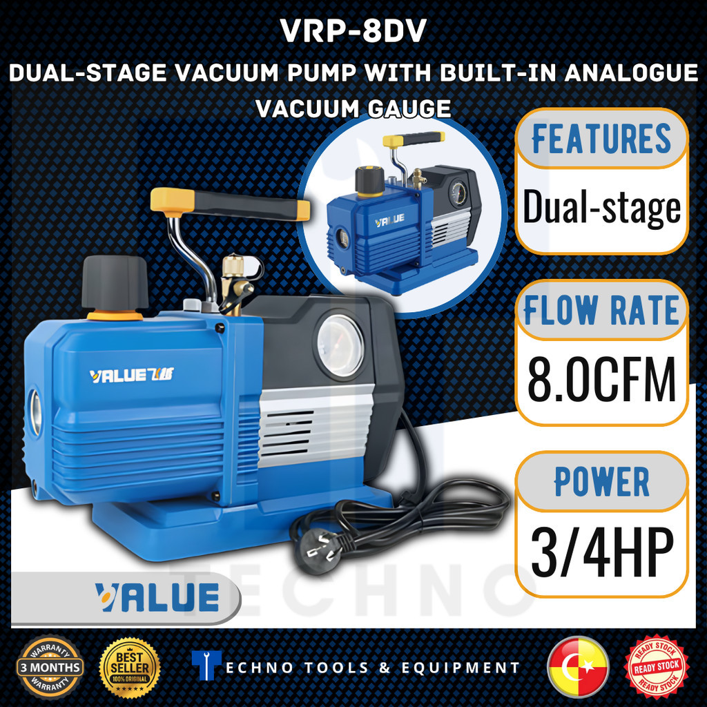 VALUE ปั๊มสุญญากาศแบบ Dual-stage พร้อมเกจวัดสูญญากาศอนาล็อกในตัว VALUE VRP-8DV