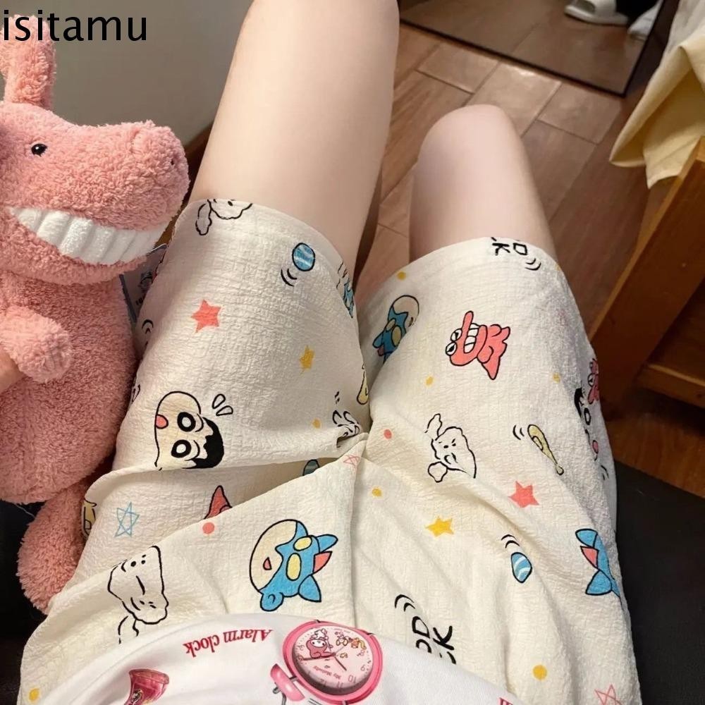 Isitaft กางเกงขาสั้นเครยอนชินจัง, กางเกงขาสั้นชุดนอนการ์ตูนดอกไม้ Pochacco, แฟชั่นหมีเอวสูงขากว้างบ้านกางเกงขาสั้นสาว