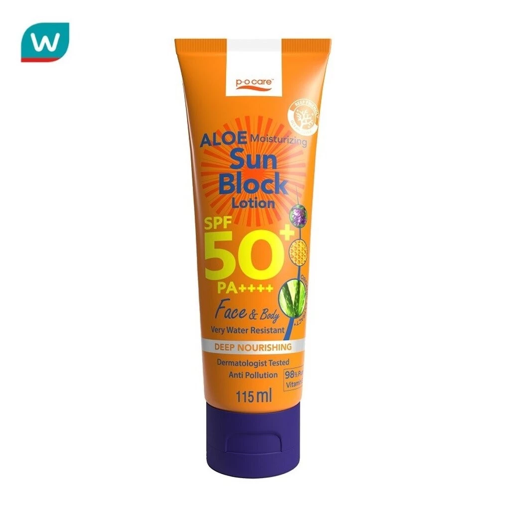 PO Care พีโอ แคร์อโล มอยส์เจอร์ไรซิ่ง ซัน บล็อค โลชั่น SPF50+ PA++++ เฟส แอนด์ บอดี้ 115 มล.