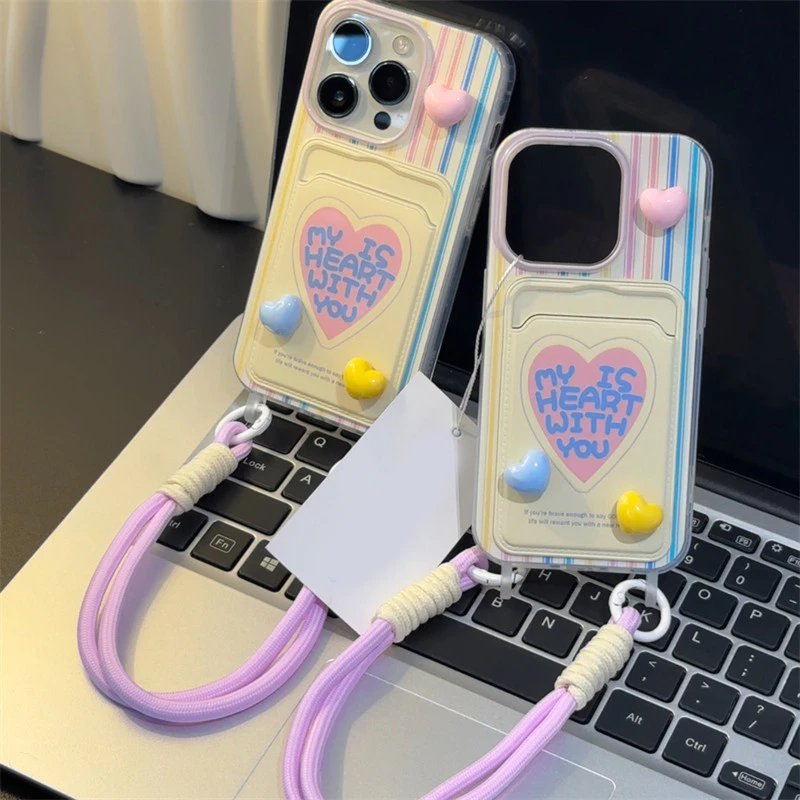 ตุ๊กตารูปหัวใ3มิติสุดน่ารักช่องใส่บัตรพร้อมสายคล้อง เคส IPhone 16 11 13 15 14 12 Pro Max 7 15 8 14 Plus X XS XR Max SE