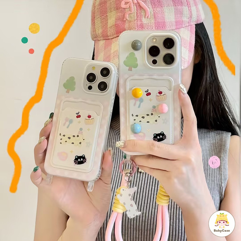 ลูกสุนัขแสนสร้างสรรค์ การ์ตูนเชอร์รี่ ลูกแมวสีดำ ช่อ เคสIphone 11 13 14 15 12 Pro Max 14 7 8 15 Plus XR XS X Max SE 2020