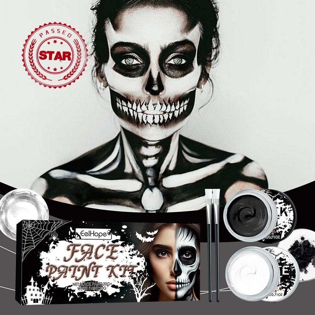 โทนสีดําและสีขาวฮาโลวีน Body Paint กันน้ํา Skull Fun Body Paint Face Set C5h1