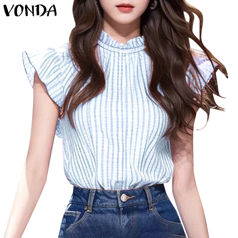 แย่ ผู้หญิงเกาหลีลําลองยืนปกลายสีทึบเสื้อแขนสั้น