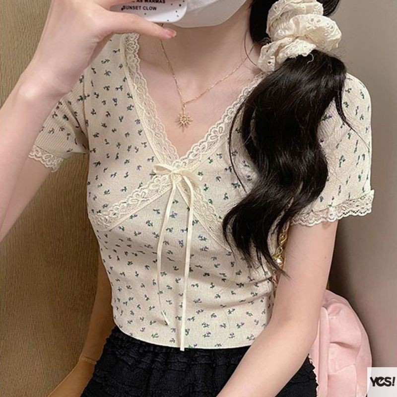 เสื้อยืดแขนสั้นผูกโบว์ลายดอกไม้ เสื้อยืดอเนกประสงค์ หน้าร้อน ด้านหลังสวยเก๋ YES