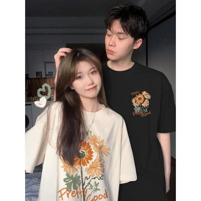 เกาหลี เสื้อแบบดารา เสื้อยืดแขนสั้น CMDXY1052 ผู้ชาย ผู้หญิง ลายทาง ตัวอักษร หลวม ลายสกรีน ฤดูร้อน ฤดูใบไม้ผลิ