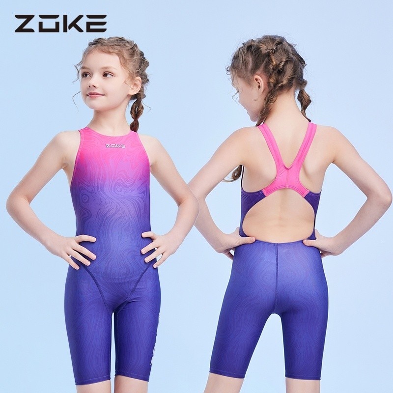 Zoke Ready stock ชุดว่ายน้ํามืออาชีพ Competitive One Piece ชุดว่ายน้ําสําหรับสาวชุดว่ายน้ําแห้งเร็วเด็กกางเกงเข่า