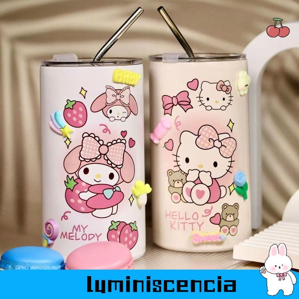 Luminescia Kuromi Sippy Cup, Strawberry Bear ใช้งานได้จริง Hello Kitty แก้วน้ําสแตนเลส, การ์ตูน 600ML ถ้วยน้ําแข็งแบบพกพาของขวัญวันเกิด