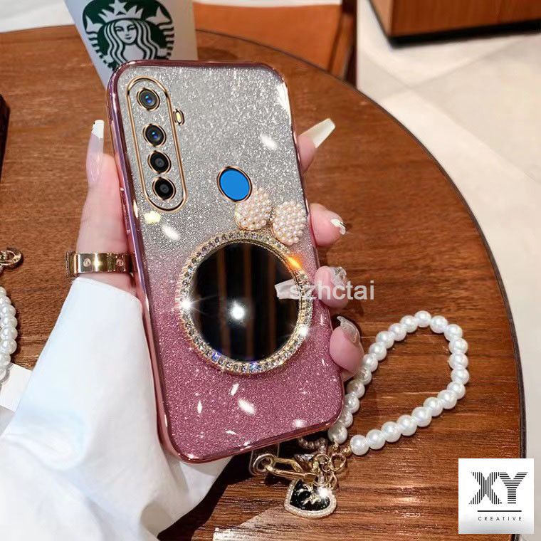 เคส realme 5 5i 5s 6i c3 5 pro แวววาว เปลือก ล้างเปลือกหอยมุกโบว์กระจกแต่งหน้า พร้อมสร้อยข้อมือสําหรับเด็กผู้หญิง เคสโทรศัพท์ realme 5 5i 5s 6i c3 5 pro