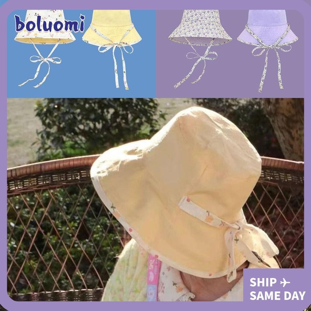 หมวกกันแดด BOLUMI, หมวกบักเก็ตผูกเชือกปีกใหญ่, หมวกกันแดดลายดอกไม้หวานน่ารักกันแดดหมวกผู้หญิงสองด้านฤดูร้อน