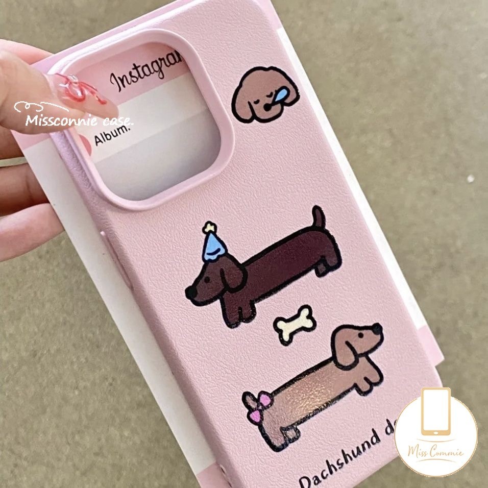 การ์ตูนสีชมพูน่ารัก Dachshund สุนัขสําหรับ IPhone 13 11 16 15 14 12 Pro Max XR 15 14 16 Plus X XS Max สร้างสรรค์หรูหราผิวรู้สึกหนังเนื้อนุ่มกรณี