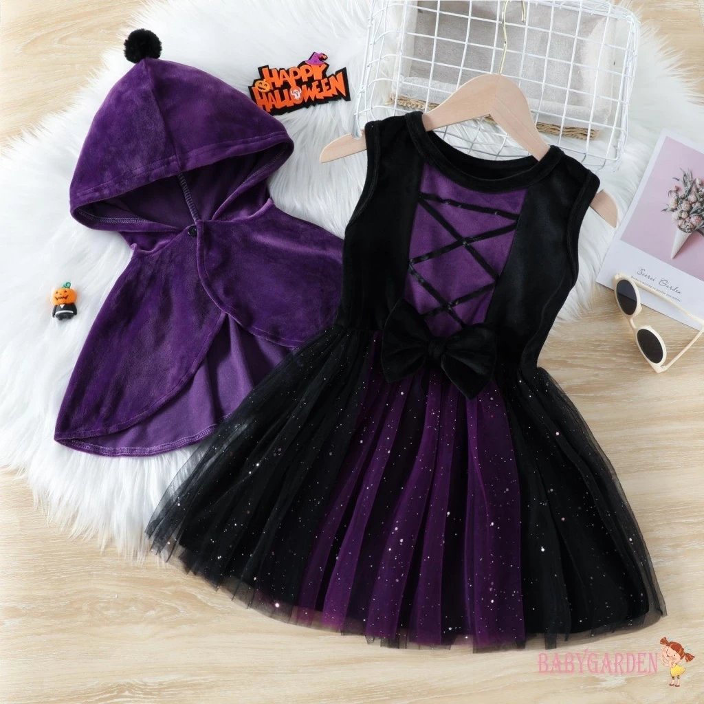 1-6years เด็ก/เด็กสาวฮาโลวีนเครื่องแต่งกายน่ารักแขนกุดกํามะหยี่ Tulle ชุด + Hooded Cape คอสเพลย์ชุด