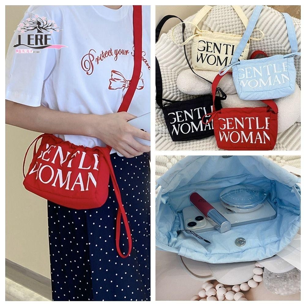 Jeremy1 Gentlewoman กระเป๋าผ้าใบ, พิมพ์ไทย Drawstring กระเป๋าสะพาย, กระเป๋าถือลําลอง Candy Color Letter Nylon Dumpling Bag ผู้หญิง