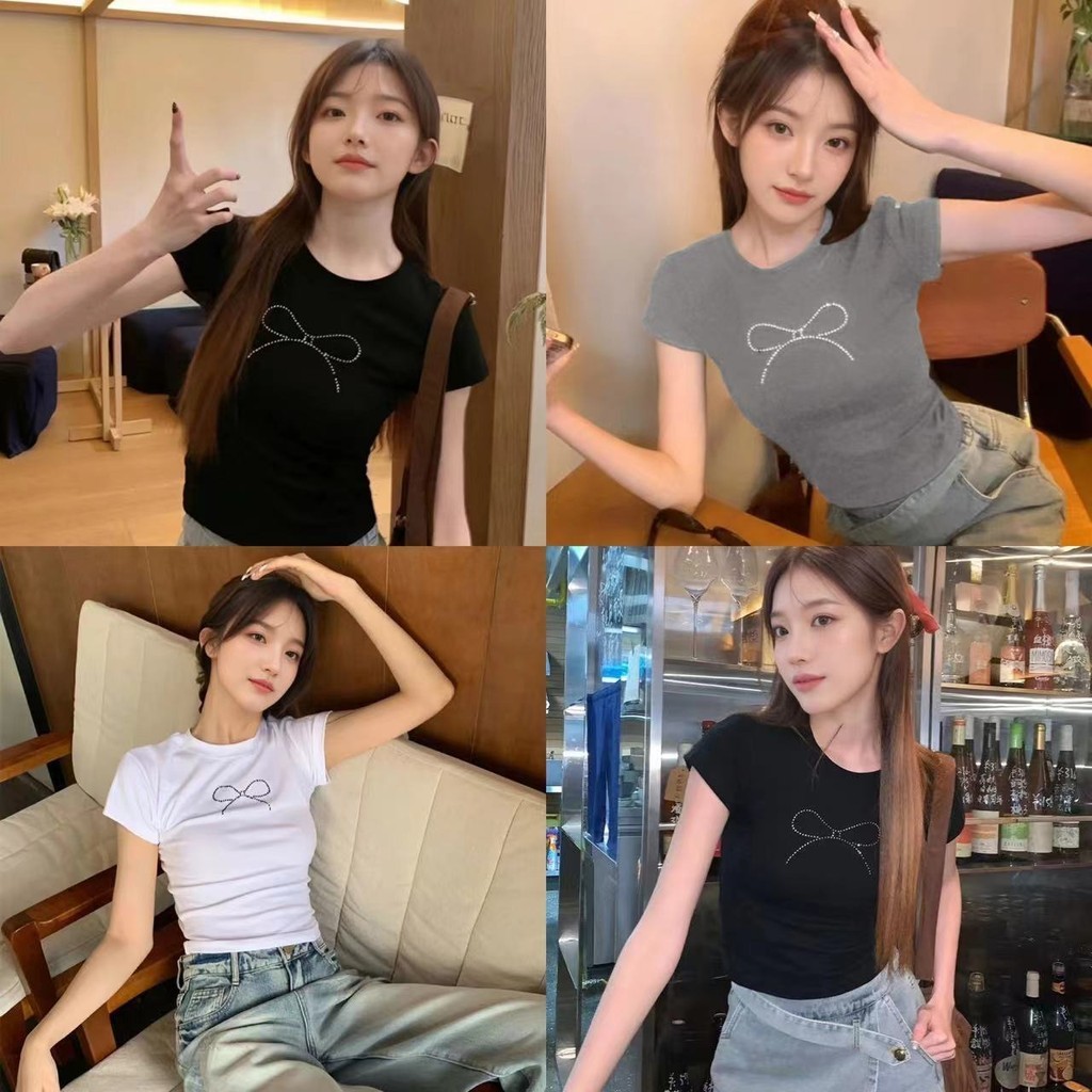 เสื้อยืดแขนสั้นผูกโบว์เพชรสำหรับผู้หญิง ลุคซอกสลิมฟิตชั้นในที่เน้นความสะดวกสบายและสไตล์ที่ดูดีในฤดูร้อน
