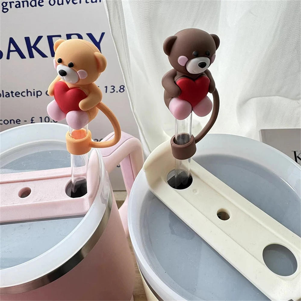 น่ารักหมี Toppers ฟางหมวกหัวใจ Dust-Proof สําหรับ Stanley ถ้วย 10 มม. พร้อมอุปกรณ์เสริม