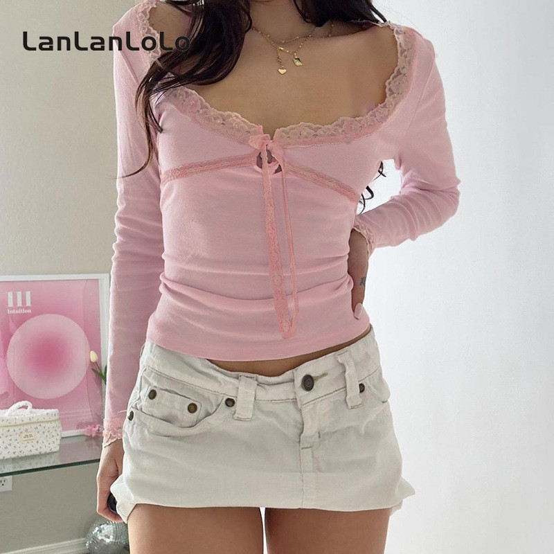 Lanlanlolo ผู้หญิง 2024 แฟชั่นสีทึบ Slim Fit แขนยาว Causal Knit Tops