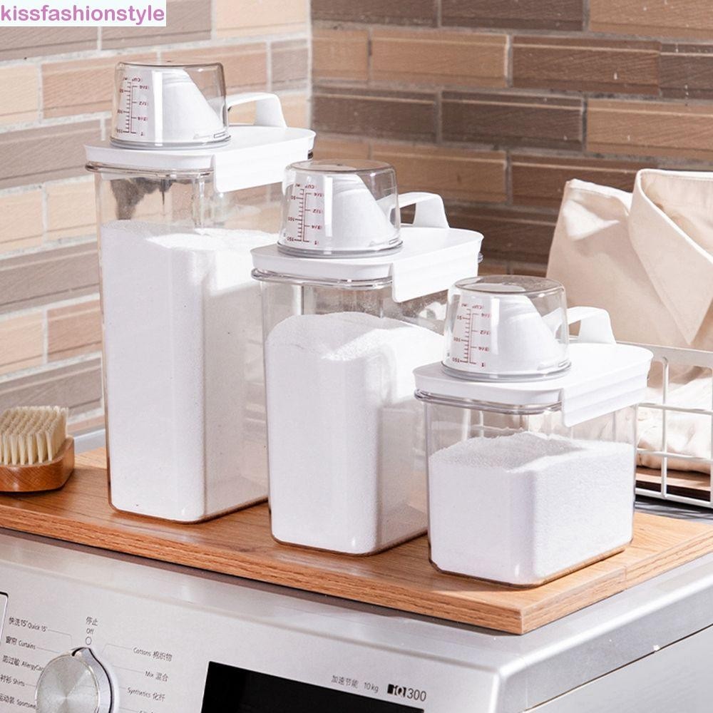 Kissfashionstyle โถธัญพืช Airtight ถ้วยตวงผงซักฟอกพร้อมฝาปิดและที่จับกล่องผงซักฟอก