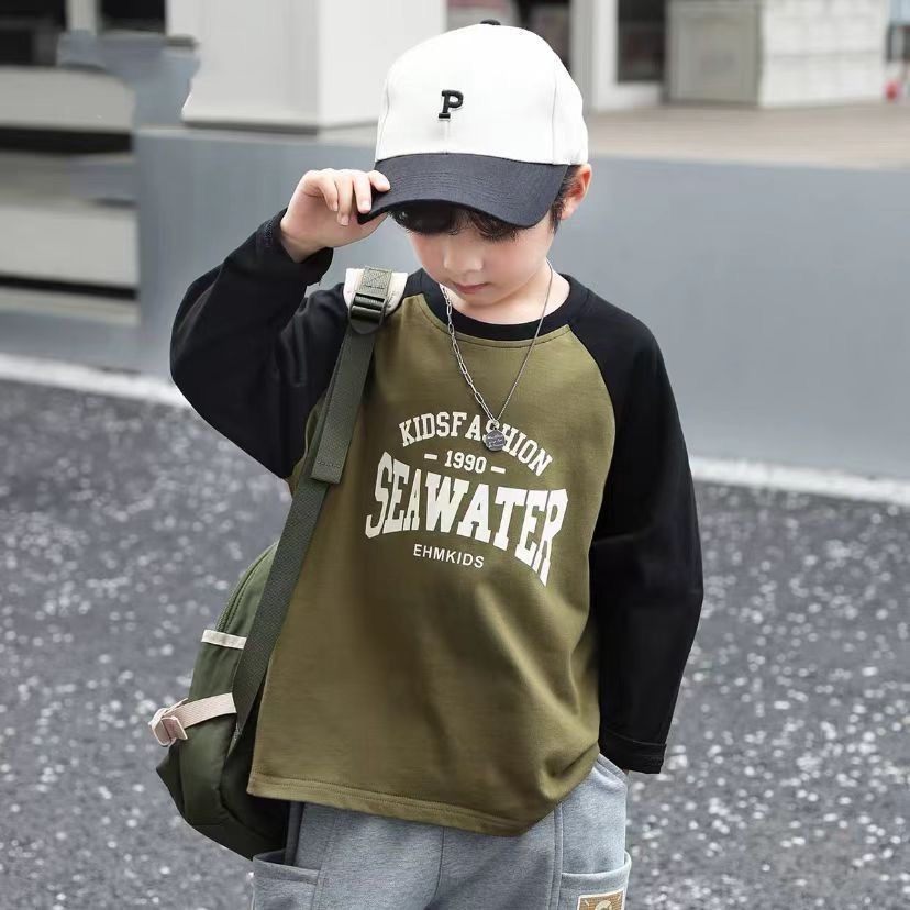 เสื้อยืดแขนยาวเด็กผู้ชายผ้าฝ้ายแท้เด็กเด็กด้านบน 2024 ฤดูใบไม้ร่วงสไตล์ใหม่