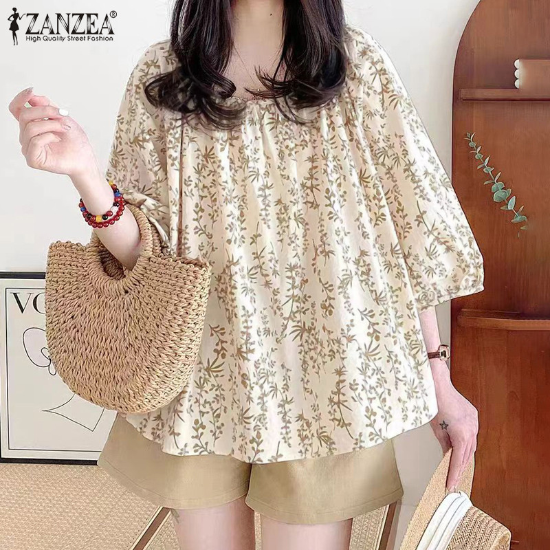 ZANZEA ซานเซีย ผู้หญิงเกาหลีเรียบง่ายรอบคอพิมพ์ดอกไม้จีบเสื้อหลวม — صورة 4