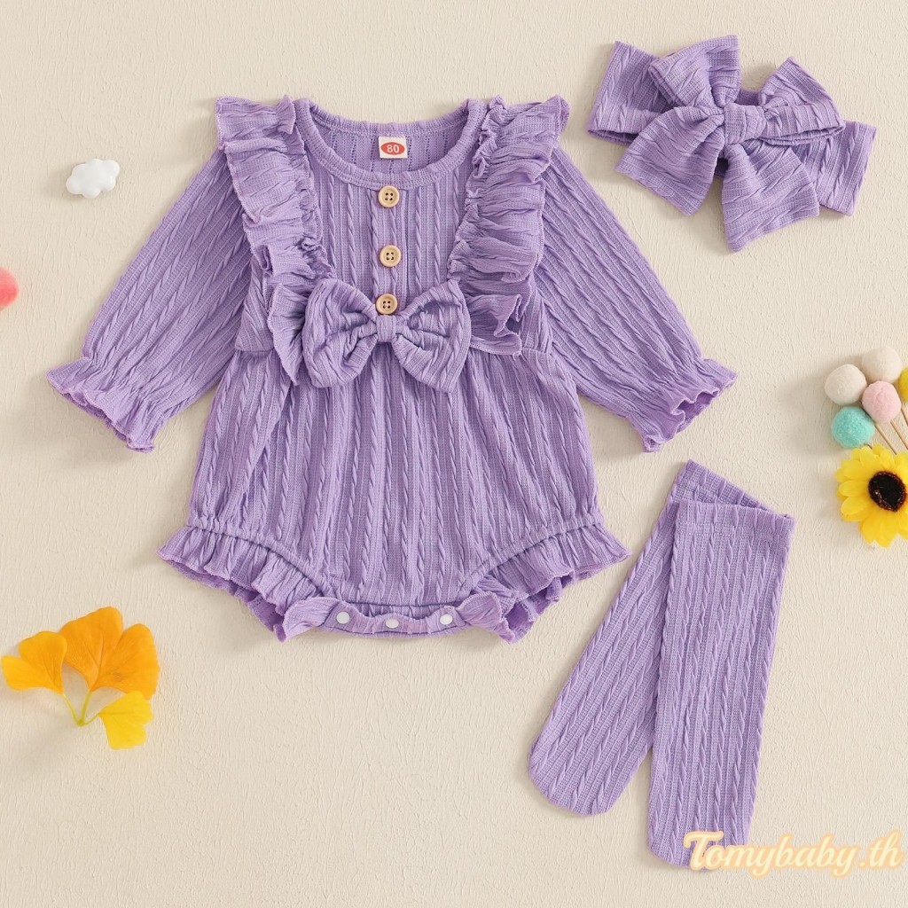 Tomybaby-ชุดรอมเปอร์เด็กผู้หญิงแขนยาวoคอสีทึบjumpsuitพร้อมที่คาดผมและเครื่องอุ่นขา