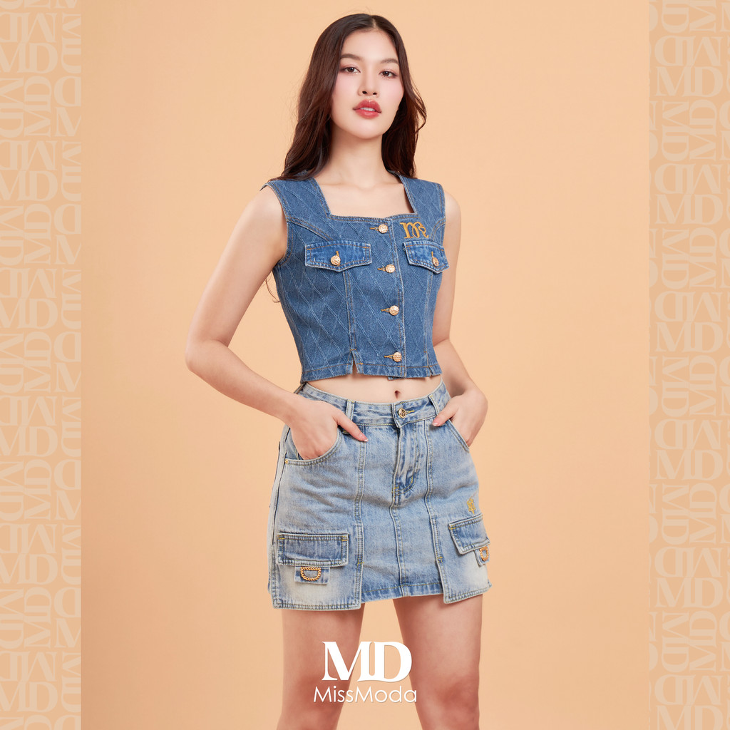 Missmoda รุ่น MC-241BJ037 กระโปรงยีนส์สั้นแต่งกระเป๋า(เฉพาะกระโปรง) สียีนส์