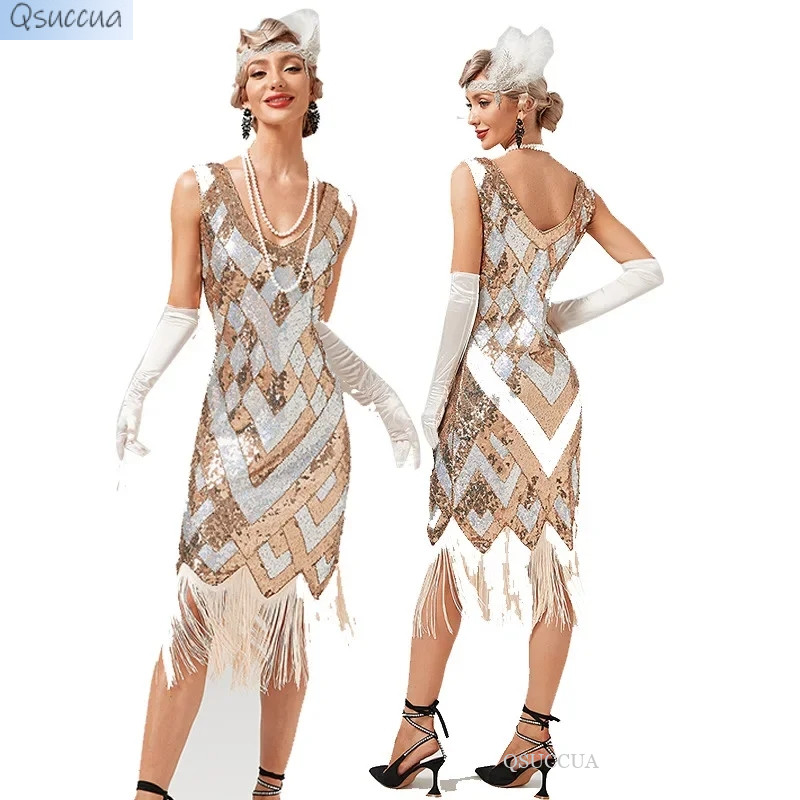 Qsuccua ผู้ใหญ่สุภาพสตรีพรหมจัดเลี้ยง 1920S Vintage Gatsby เซ็กซี่ Sequined พู่ชุด