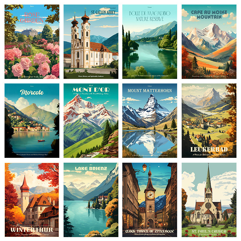 Vintage สวิตเซอร์แลนด์ผ้าใบภาพวาดพิมพ์ Cape Au Moine Mountain Bern City โปสเตอร์ภาพสําหรับห้องนั่งเล่นตกแต่งบ้าน