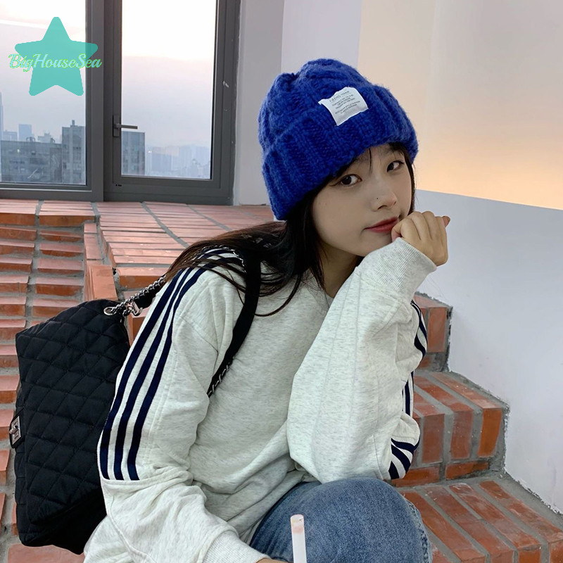 [BigHouseSea] ใหม่ผู้หญิงฤดูหนาวหมวกหมวกสําหรับผู้หญิงถักหมวกแฟชั่นขนสัตว์อบอุ่นคู่หมวก Bonnet ผู้หญิงฤดูหนาว Twist หญิง Bonnet ใหม่
