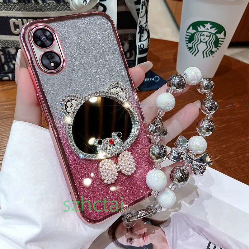 เคสโทรศัพท์ OPPO A60 A38 A18 A58 A78 5G A98 5G A17 A17K A16K A16 A15S A15 กระจกแต่งหน้าหูหมีมงกุฎหรูหราพร้อมเชือกเส้นเล็ก เคส OPPO A60 A38 A18 A58 A78 5G A98 5G A17 A17K A16K A16 A15S A15