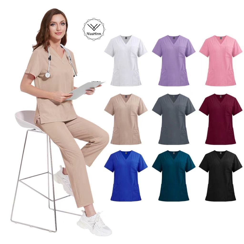 Ready Stockniaahinn ผู้หญิงผู้ชาย Unisex Elastic Wrinkle Resistance Breathable Scrub Suit Set with cargo pants white Doctor Nurse UniformShort Sleeves Vneck Top+ กางเกงขาตรง