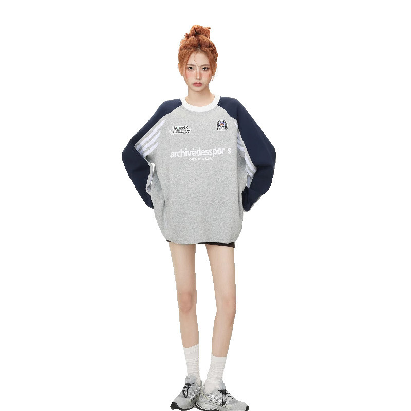 เสื้อสเวตเตอร์คอกลมแบบ Raglan สไตล์อเมริกันสำหรับผู้หญิงดีไซน์สำหรับฤดูใบไม้ร่วงเสื้อบาร์สามบาร์ทรงหลวมแบบบางใส่หมายเหตุของเรา ggj0