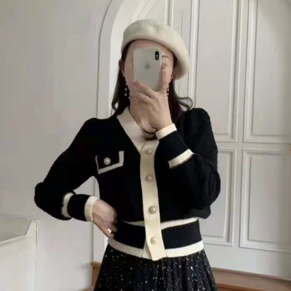 เสื้อสเวตเตอร์ถักสไตล์น้ำหอมขนาดเล็กเสื้อคาร์ดิแกนแขนยาวเสื้อฤดูใบไม้ร่วงสไตล์ใหม่ของผู้หญิงอารมณ์เสื้อสเวตเตอร์คอวีด้านนอก