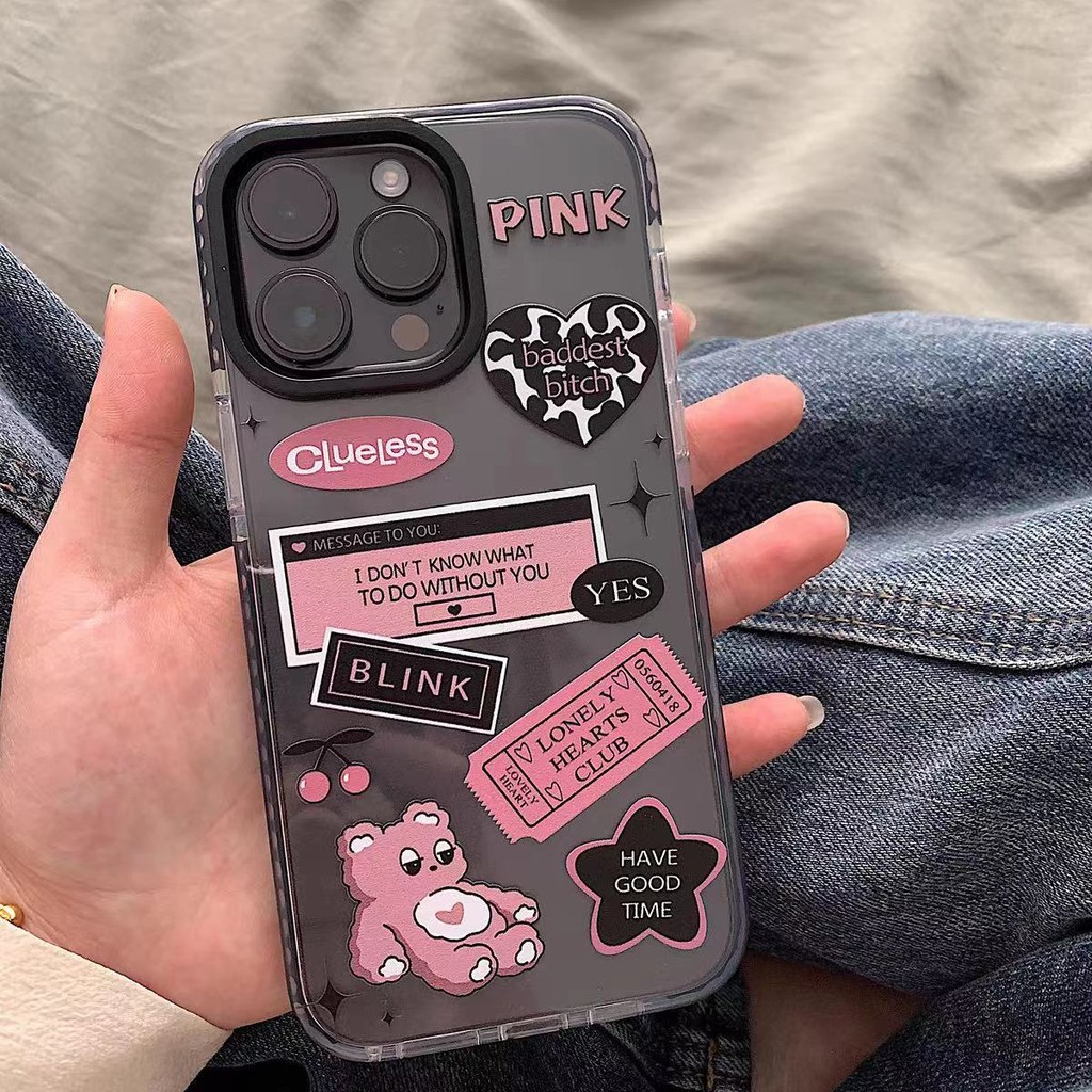 Ins Cherry Bear Label Softโปร่งใสกรณีAnti-FallสําหรับiPhone 16 Promax 15 Promax 12 13 Mini 14plus 11 Pro Max X XS XR XS Max 7 8 plus Se2020 6G 6Plus
