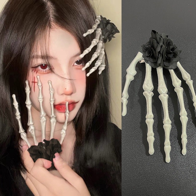 Skull Hand Retro Rose กิ๊บติดผมหญิง cos Little Devil Claw เครื่องประดับผมหวานเย็นสไตล์โกธิคสีเข้มคลิปด้านข้างขนาดใหญ่