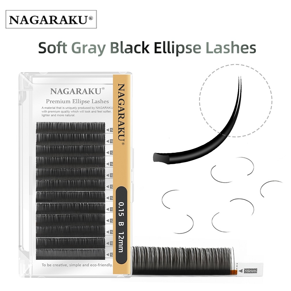 NAGARAKU Matte Ellipse ขนตาเส้นแบนปลายแฉก ขนตาปลอม แบบรวมไซส์8-15MIX มี0.15,0.20,เคิฟC,D