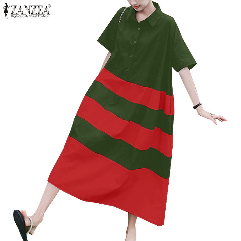 ZANZEA ใส่ ซานเซีย ผู้หญิงเกาหลีสบายๆเปิดลงปกแขนสั้นเย็บปะติดปะต่อกันเสื้อชุด