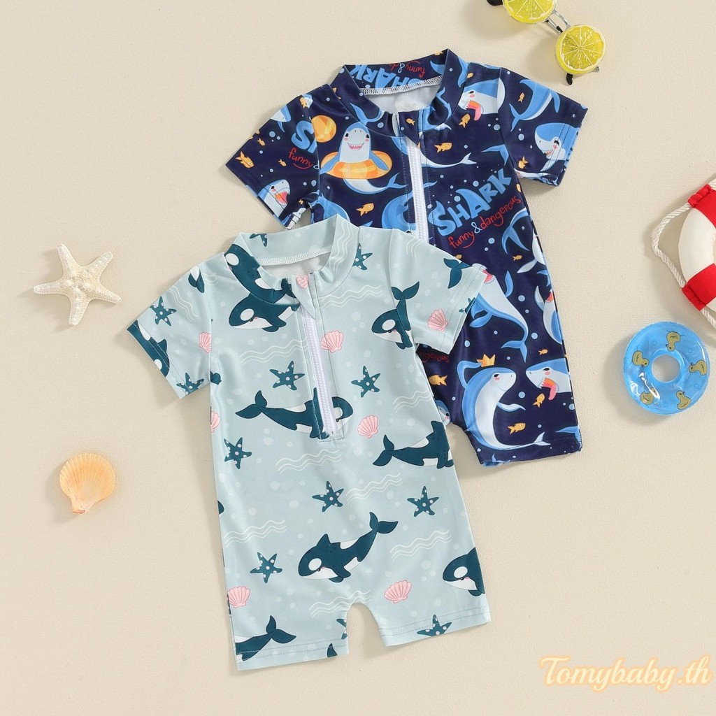 Tomybaby-kids Boys ชุดว่ายน้ําแขนสั้น Crewneck Shark พิมพ์ซิปชุดว่ายน้ําป้องกันแสงแดด