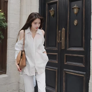 เสื้อเชิ้ตสตรีคอปกแขนยาว ใหม่ล่าสุด แบบเปิดไหล่