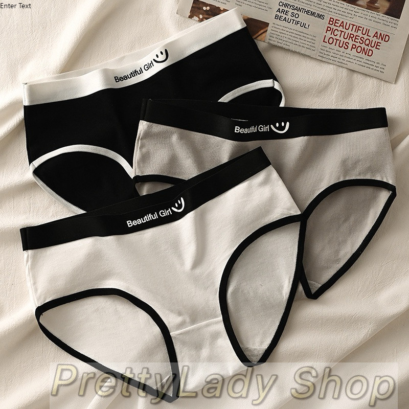 PrettyLady Shop (XWN087) กางเกงในผู้หญิง(ลายหน้ายิ้ม) เอวกลาง ใส่สบายผ้านุ่ม ระบายอากาศได้ดี