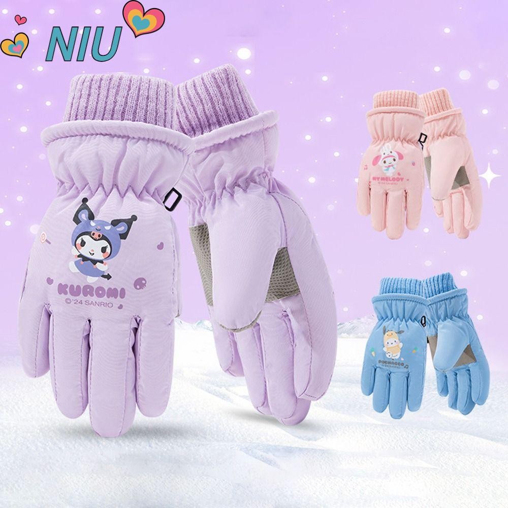 Niuyoujs ถุงมืออุ่นฤดูหนาว, ถุงมือสกีเด็ก Kuromi กันน้ํา Plus กํามะหยี่, ถุงมือปั่นจักรยาน Melody หนา